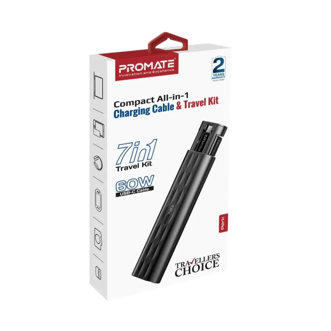 Promate PERK Compact All in 1 Charging Cable and Travel Kit - Black